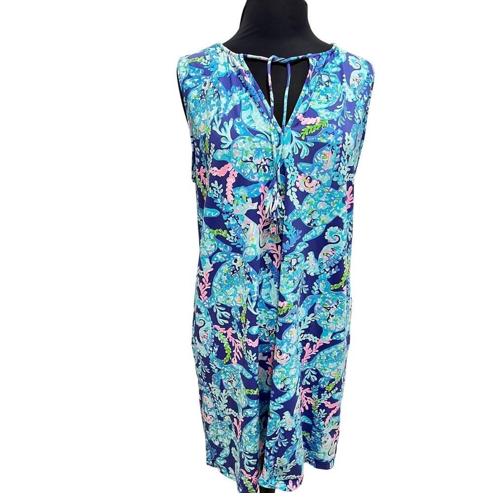 Lilly Pulitzer Sea You Again Turtle Print Sleeveless Tassel Shift Dress Blue M